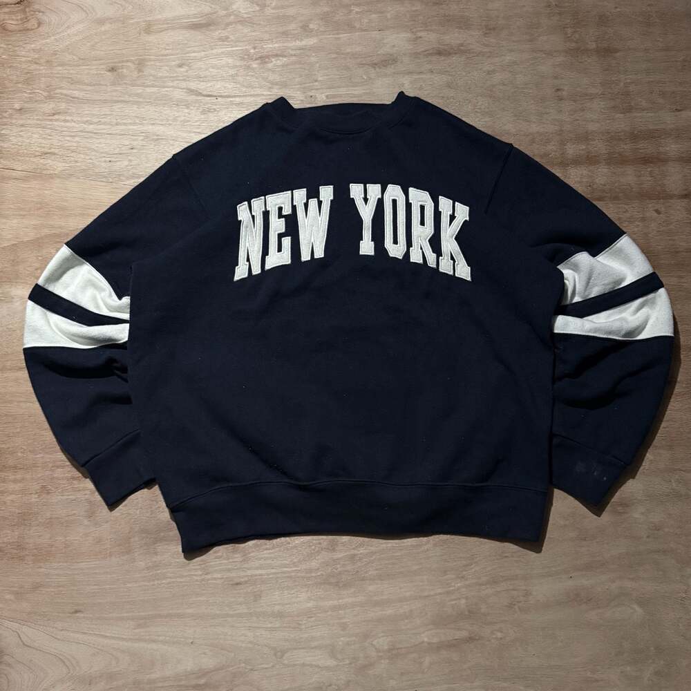 New York Popular Y2K Varsity Crewneck Sweatshirt Navy White Striped Sleeve L